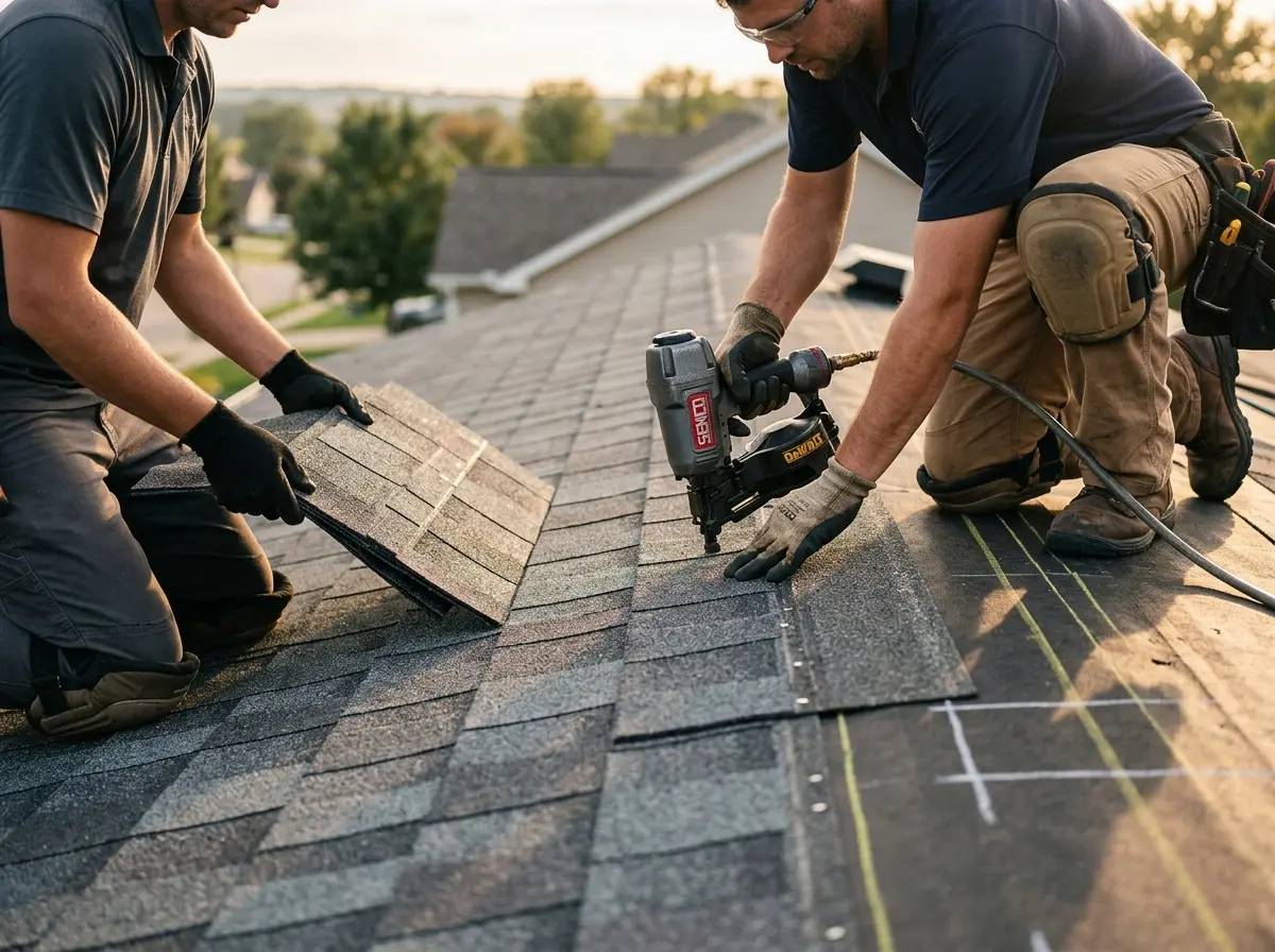 Professional roofer working on a residential roof in Garden Acres